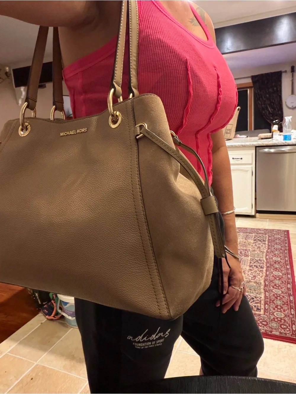 Michael Kors Large Taupe Pebbled Leather & Suede Shoulder Tote Bag